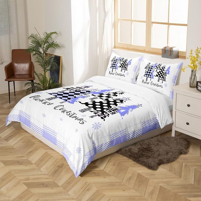 Manfei Xmas Trees Duvet Cover Set Full Size, Blue Plaid Grid Snowflake Bedding Set for Kids Girls Boys Room Decor, Christmas Theme Comforter Cover New Year Quilt Cover with 2 Pillowcases, No Comforter