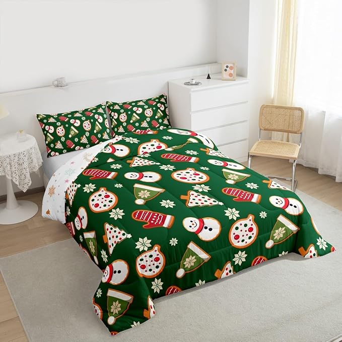 Feelyou Merry Christmas Comforter Set King Size Snowman Bedding Set for Kids Boys Girls Gloves Cookies Duvet Quilt Snowflake Bedroom Decor Microfiber 3 Pcs with 2 Pillow Cases