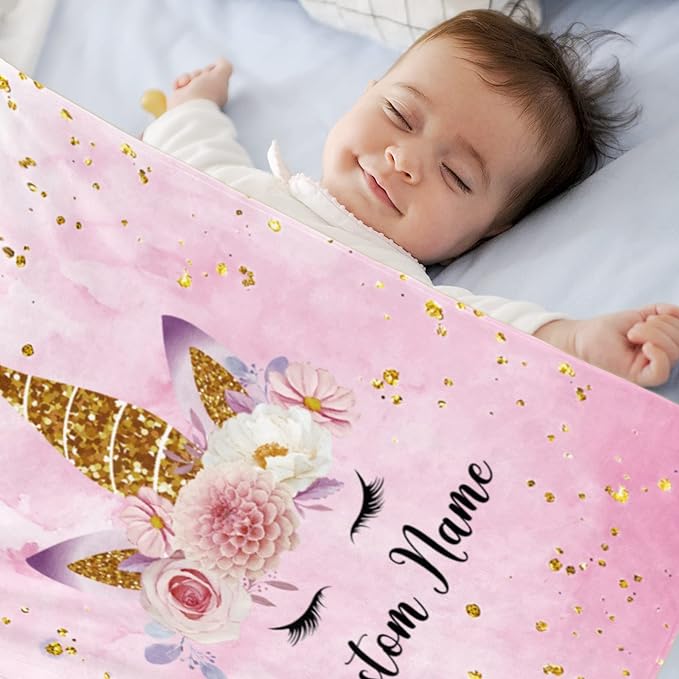 Personalized Horse Blanket with Name for Girl, Custom Name Blanket for Kids, Soft Flannel Pink Horse Toddler Blanket Customized Gift for Birthday Christmas Baby Shower Newborn Gift 60" X 80"