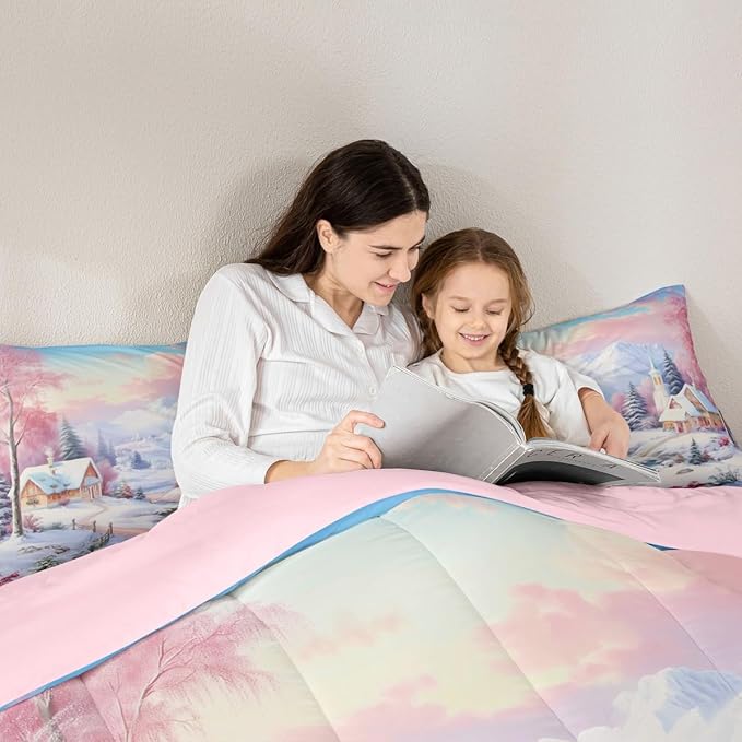 Feelyou Merry Christmas Kids Comforter Set Queen Size Village Barn Bedding Set Winter Snowscape Duvet Quilt for Kids Boys Girls Bedroom Pine Tree Decor Microfiber Ultra Soft Breathable