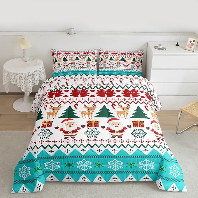 Feelyou Merry Christmas Bedding Set Soft for Boys Girls, Santa Claus Comforter Set Full Size Cute Deer Duvet Quilt Microfiber Snowflake Bedroom Decor 3 Pcs with 2 Pillow Cases