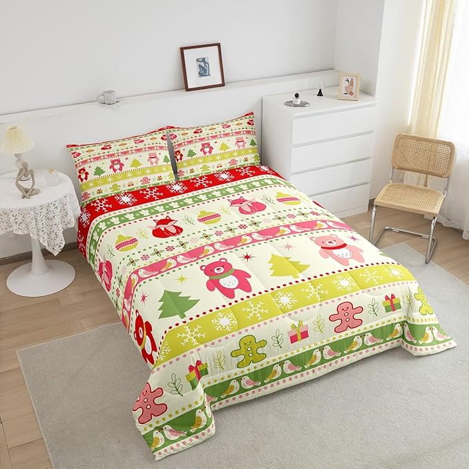 Erosebridal Merry Christmas Comforter Set Kids Twin Size Xmas Tree Decor Quilts Snowflake Bedding Set Cute Colourful Bear Duvet Insert with 1 Pillow Case