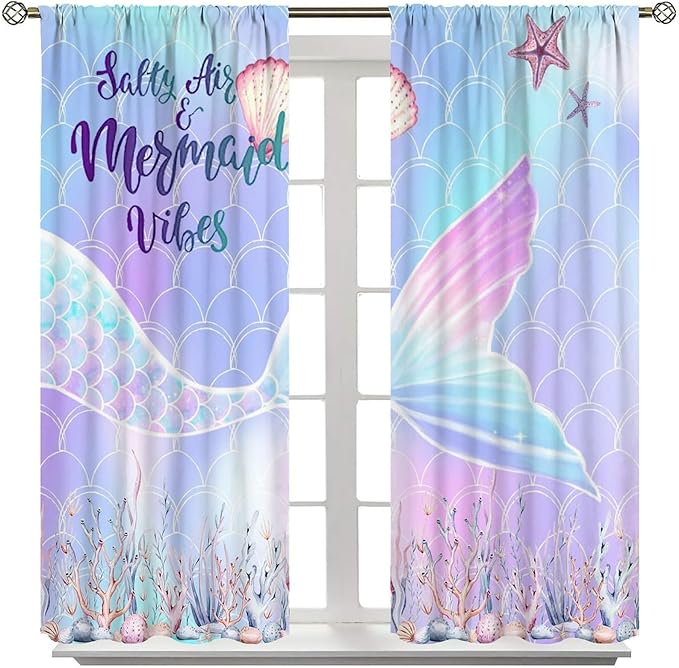 Fantasy Mermaid Curtain Colorful Rainbow Fish Tail Ocean Theme Beautiful Kids Window Treatment for Girls Bedroom Nursery Room Decor Rod Pocket Window Drapes 84x84in