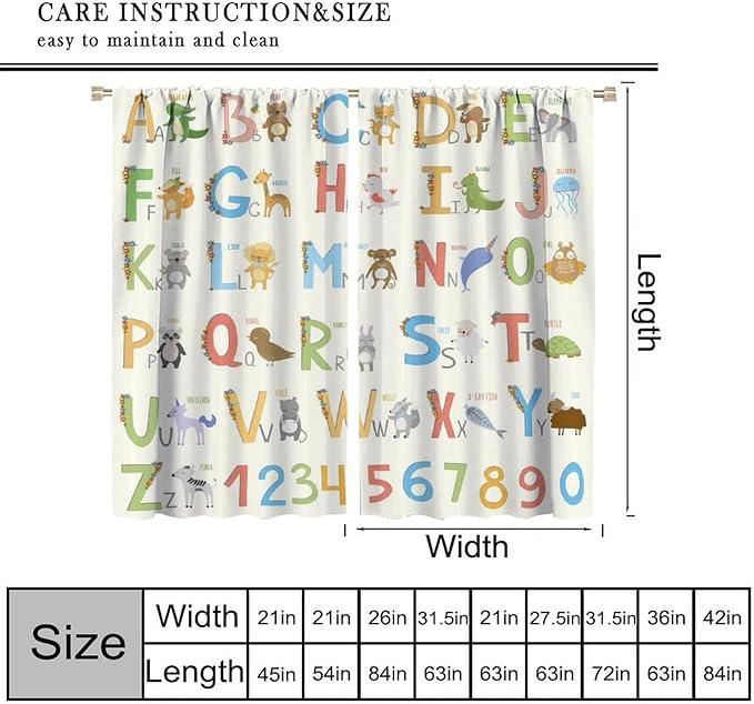 Kids Alphabet Curtains Funny Letter Education Cute Cartoon Animal Printed Curtain with Rod Pocket for Bedroom Living Room Home Decor Drapes Window Treatments 2 Panels Set 55" W X 63" L