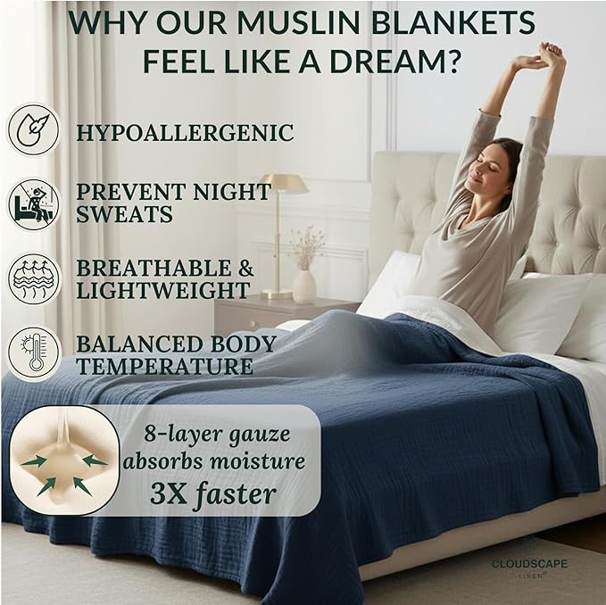 Cloud Scape Linen 8-Layer Muslin Blanket Queen Size - 100% Cotton, Soft and Breathable, Oversized Winter Blanket, Fits up to Full Size Bed, 92x92, Ensign Blue