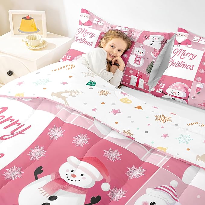 Xmas Comforter Set Twin Size,Snowman Christmas Tree Snowflake Bedding Set for Kids Boys Girls Room Decor,Pink Plaid Patchwork Quilt Set 2Pcs,Merry Christmas Cartoon Duvet Insert,1 Pillowcase