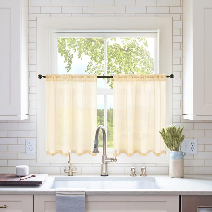 MIULEE Short Sheer Curtains 30 Inch Length for Kitchen Bathroom Cafe Half Window Treatment, Rod Pocket Tier Curtains 2 Panels, 29x30 Inches Long, Cream Beige