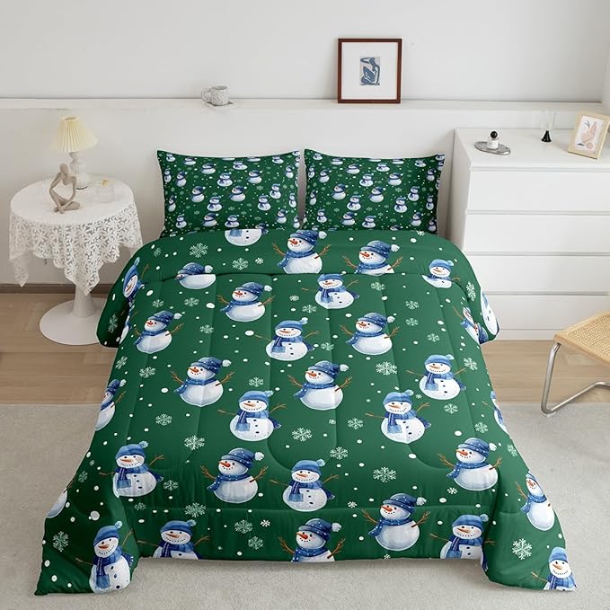 jejeloiu Kids Cute Winter Snowman Comforter Set Queen Size Green Christmas Theme Bedding Set for Boys Girls Teens Xmas Snowflake Happy New Year Duvet Quilt Room Decor