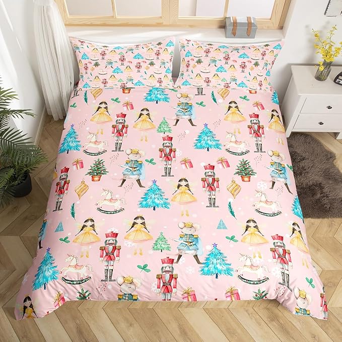 Christmas Nutcracker Decorative Comforter Cover Queen Size Cartoon Mouse Soldier Royal Guarder Princess Duvet Cover Xmas Pine Tree Snowflake Bedding Set Gifts for Kids Boys Girls 2 Pillow Cases Pink