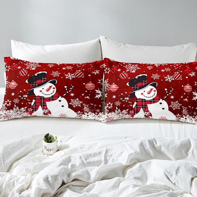 Manfei Snowman Duvet Cover Set King Size, Snowflake Balloon Xmas Decor Comforter Cover with 2 Pillowcases, Christmas Red Bedding Set 3pcs for Kids Boy Girls Lightweight Bedspread Cover,No Comforter