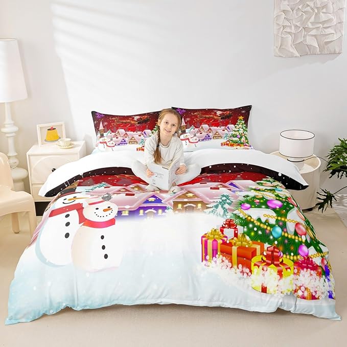 Manfei Christmas Duvet Cover Set Full Size, Snowman Xmas Tree Bedding Set for Kids Boys Girls, Santa Claus with Reindeer Comforter Cover New Year Theme Quilt Cover with 2 Pillowcases, No Comforter
