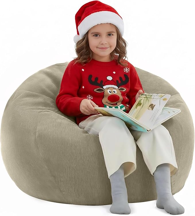 Nobildonna 3 ft Bean Bag Chair Cover (No Filler) 35"×43" Large Stuffed Animal Storage Bean Bag Washable Big Beanbag Chair Cover Premium Corduroy Bean Bag Cover for Adults,Kids,Khaki Gray 300L