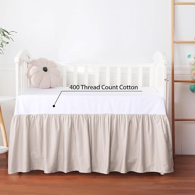 Crib Skirt Dust Ruffle, 100% Egyptian Cotton 400 Thread Count Soft Breathable Crib Bedding Skirt for Baby, Boys and Girls, 52"X28" with 14" Crib Bed Skirt Fading Resistant (Ivory)