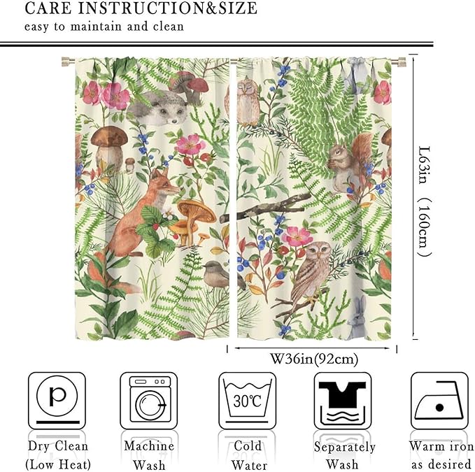 Forest Animal Curtains, Kids Rustic Wild Animal Window Treatments Watercolor Cute Woodland Fox Hedgehog Window Drapes for Nursery Toddler Bedroom 72x63in