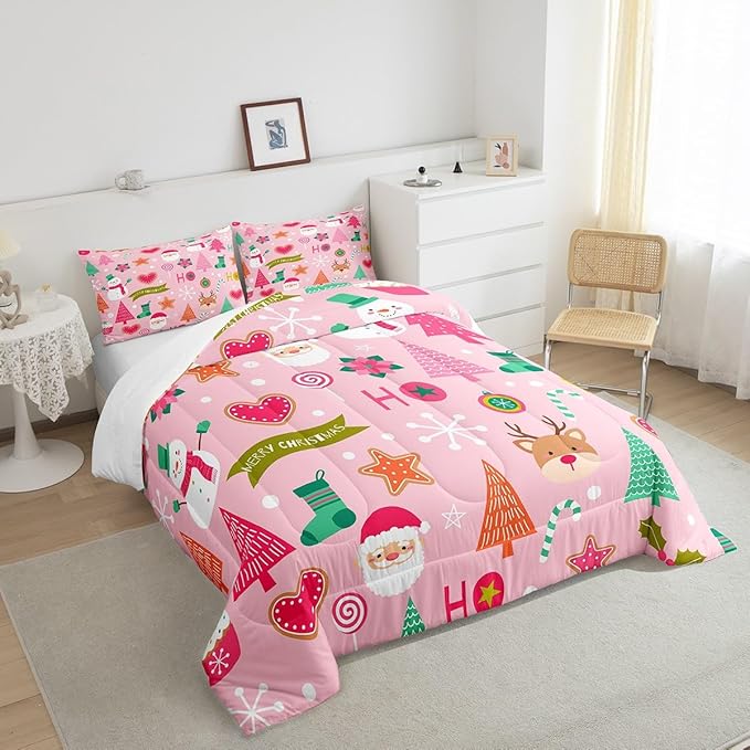 Merry Christmas Kids Comforter Set King Size,Cute Santa Claus Snowman Deer Bedding Set,Boys Girls Adults Room Decor,Snowflake Christmas Trees Down Comforter,Pink Xmas Duvet Insert,2 Pillowcases