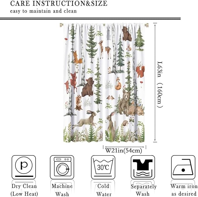 Animal Kids Curtains, Woodland Squirrel Rabbit Bear Animal Friends Forest Curtains for Boys and Girls Bedroom Living Room Kitchen 42x63in