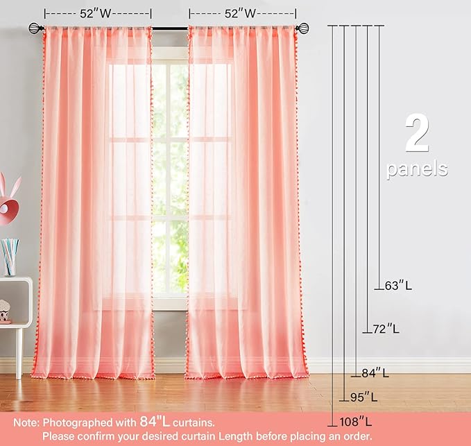 Treatmentex Pom-Pom Sheer Curtains for Girls Bedroom 63" Sheers for Living Room Window Drapes 52" w 2pack Blush Pink Rod Pocket