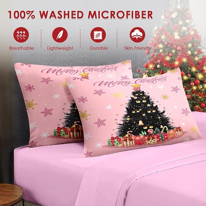 7 Pcs Queen Size Christmas Comforter Set with 2 Pillowcases & 2 Shams, Black Cat Xmas Trees Bedding for Kids and Adults, Pink Snowflakes Bed in a Bag with Flat Fitted Sheet