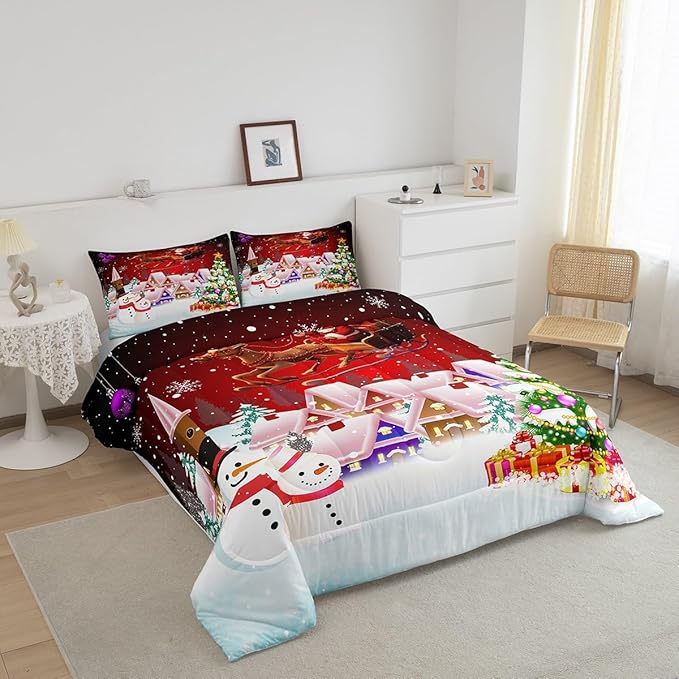 Manfei Christmas Comforter Set Twin Size, Snowman Xmas Tree Bedding Set 2pcs for Kids Boys Girls Room Decor, Santa Claus with Reindeer Quilt Set New Year Theme Duvet Set with 1 Pillowcase