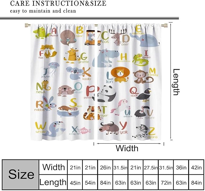 Kids Alphabet Curtains Funny Cartoon Educational Learning Cute Animal Zebra Curtain with Rod Pocket for Bedroom Living Room Decor Drapes Window Treatments 2 Panels Set 55" W X 63" L