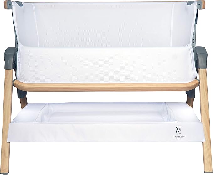 Venice Child California Dreaming Bedside Crib Bassinet w/Travel Case, Bamboo Bassinet Sheet, Removable Bamboo Compressed Cotton Mattress, Height Adjustable, Easy Clean - White