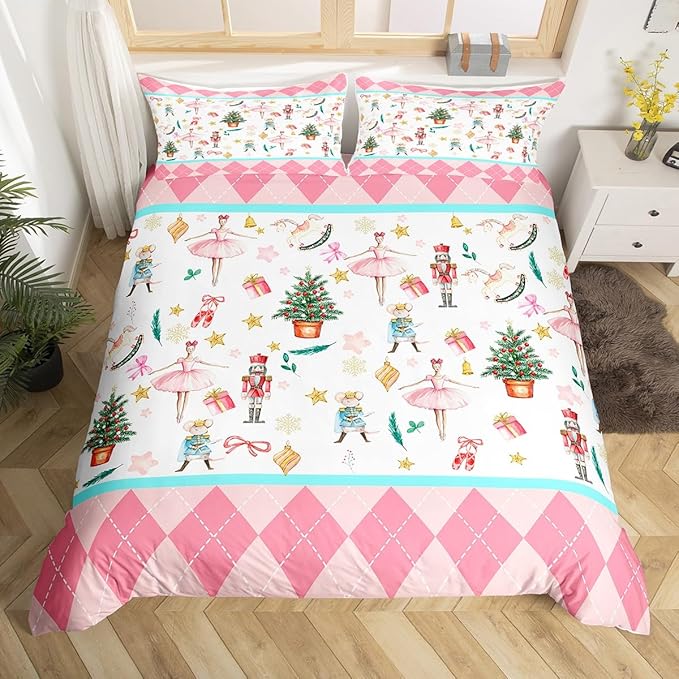 Feelyou Nutcracker Christmas Pink Comforter Cover King Size Xmas Royal Guarder Ballet Princess Duvet Cover New Year Pink Buffalo Plaid Bedding Set Gifts for Kids Boys Girls 2 Pillow Cases