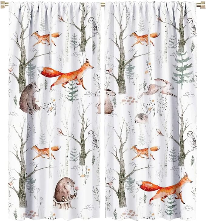 Rustic Forest Window Curtains, Watercolor Woodland Animals Owl Hedgehog Fox Butterfly Forest Squirrel and Bear Blackout Windows Door Curtain for Bedroom Living Room Home Decor 52x84in