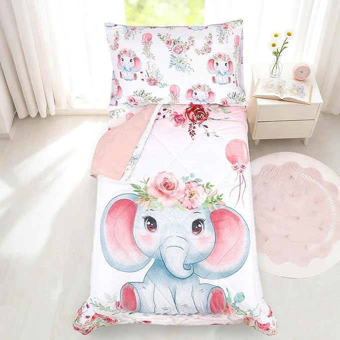 Toddler Bedding Set for Girls, Kids Comforter Set Pink Reversible, Ultra Soft & Lightweight Crid Bedding Set Includes Comforter, Flat Sheet, Fitted Sheet, Pillowcase (Elephant)