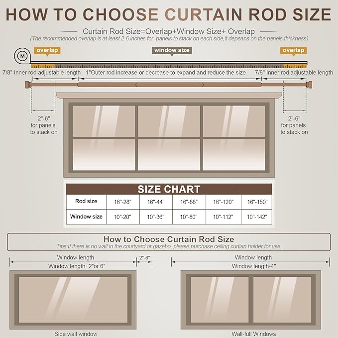 Modern Brown Curtain Rods for Windows 48 to 84 Inches Adjustable Length Heavy Duty 1" Diameter Window Curtain Rod with Decorative Finials for Outdoor Farmhouse Bedroom Kitchen Living Room