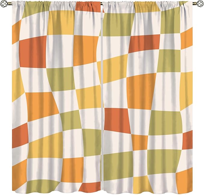 Orange Checkered Curtains,70s Vintage Twisted Checkered Window Drapes Colorful Groovy Trendy Wavy Hippie Grid Print Window Treatments for Kids Girls Bedroom Living Room Bathroom 42"W X 63"L