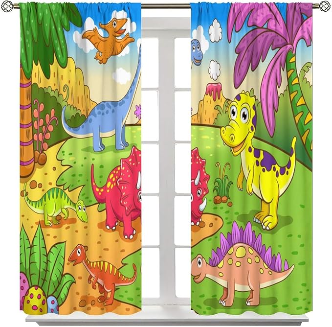 Cute Dinosaur Curtains, Colorful Cartoon Dino Pattern Blackout Window Treatments, Rod Pocket Thermal Insulated Drapes 2 Panel Sets for Kids Bedroom Nursery Classroom, 42" W X 63" L