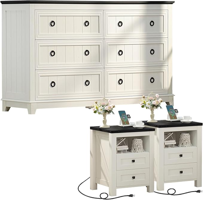 Farmhouse Living Room Sets, Night Stands Set of 2 and 6 Drawers Dresser for Bedroom, 54 Inch Wide Wood Dresser and 18.1" Night Stands with Charging Station for Bedroom, Living Room, Hallway