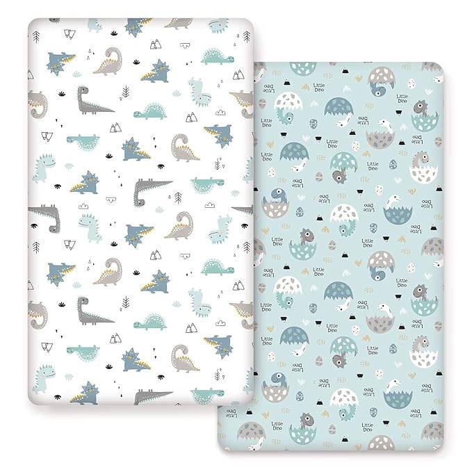GRSSDER Stretchy Ultra Soft Jersey Knit Fitted Crib Sheets Set 2 Pack, Cozy Fits All Standard Crib Mattress Pads, Happy Dinosaurs Print for Boys and Girls