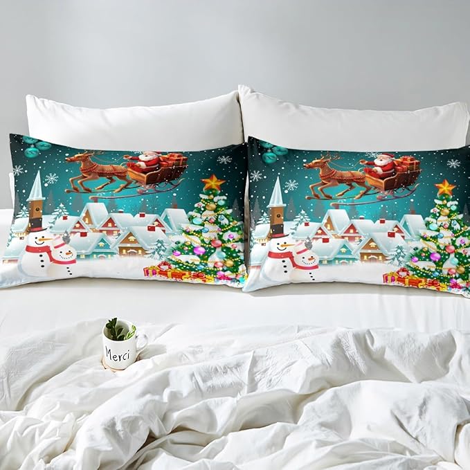 Manfei Christmas Duvet Cover Set Twin Size, Xmas Tree Snowman Bedding Set for Kids Boys Girls, Santa Claus with Reindeer Comforter Cover New Year Theme Quilt Cover with 1 Pillowcase, No Comforter