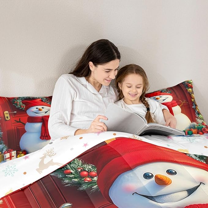 Feelyou Merry Christmas Kids Comforter Set Toddler Size Cute Snowman Bedding Set Duvet Quilt for Kids Boys Girls Bedroom Snowflake Decor Microfiber Ultra Soft Breathable