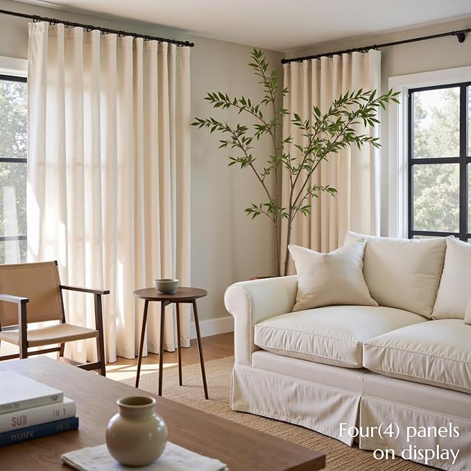 jinchan Beige Linen Blend Curtains 84 Inches Length 2 Panels for Bedroom Living Room, Light Filtering 50 Inches Wide Natural Farmhouse Drapes with Rod Pocket Back Tab (50W x 84L, Ecru)