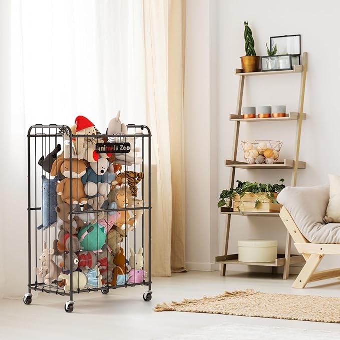 210L Stuffed Animal Storage Organizer Plush Toy Storage Organizer Stuffed Animal Toy Holder, Kids Toy Bins with Wheels, Metal Frame and Elastic Cord Design, Suitable for Storage of Big Toys