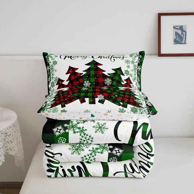 Castle Fairy Christmas Comforter Set Queen Size,Pine Trees Green Snowflake Glitter Shiny Bedding Set for Women Adult,Winter Festival Plaid Checkered Luxury Bed Duvet Insert, 2 Pillowcases