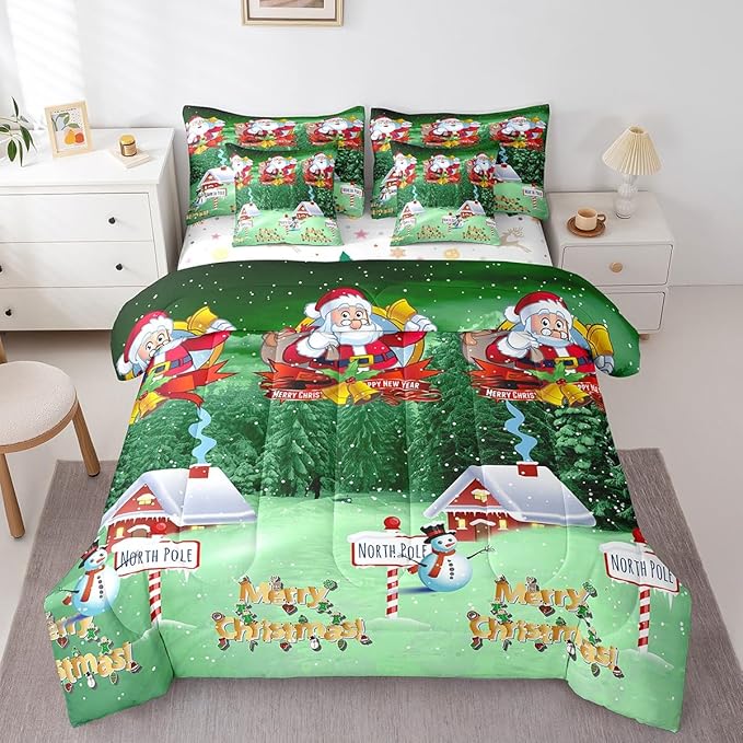Feelyou Santa Claus Printed Bed Set Christmas Decorations Bed in a Bag for Kids Boys Girls Galaxy Blue Cute Decor Comforter Set with Sheets Snowman Snowflake Bedding Set Bedroom Collection King Size