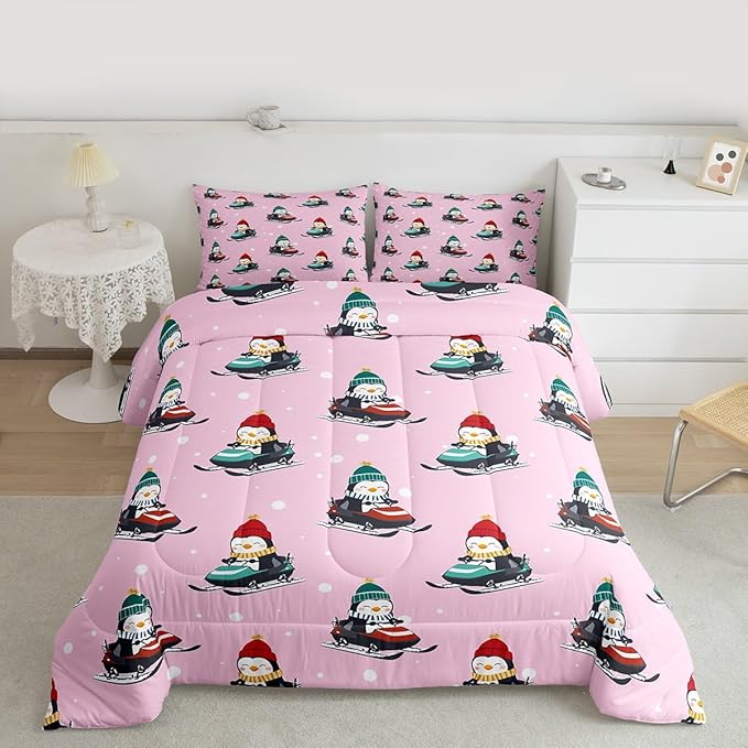 Feelyou Christmas Kids Comforter Set Queen Size Pink Penguin Bedding Set Cartoon Penguin Skiing Duvet Quilt for Kids Boys Girls Bedroom Snowflake Decor Microfiber Ultra Soft Breathable