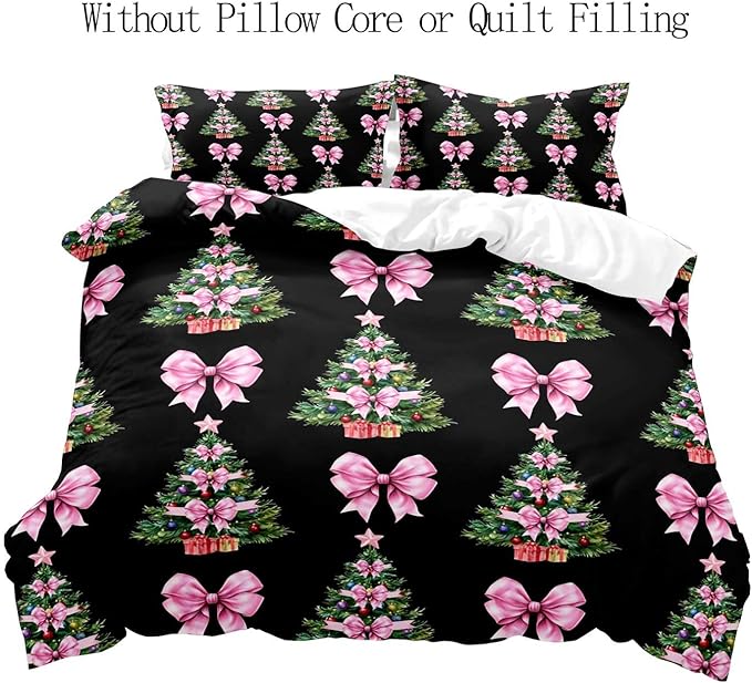 LUVIVIHOME 3PCS Christmas Tree Pink Bow Duvet Cover King Bedding Set, Teen Girl Bedding, Black Duvet Cover, Bowknot Xmas Tree Winter Holiday Festival Coquette Christmas Comforter Cover, 2 Pillow Cases