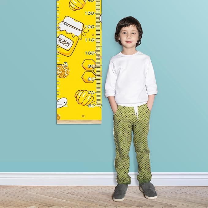 Personalized Kids Name Growth Chart Ruler for Wall Wood Frame Height Measure Chart 13.4x56 in Linen Hanging Height Growth Chart Yellow Cute Bees Pattern Kids Room Decor