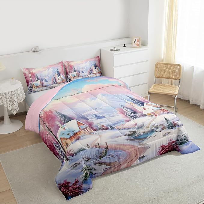 Feelyou Merry Christmas Kids Comforter Set King Size Village Barn Bedding Set Winter Snowscape Duvet Quilt for Kids Boys Girls Bedroom Pine Tree Decor Microfiber Ultra Soft Breathable