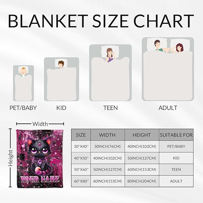 Personalized Blanket for Cat - 40" x 50" Custom Black Cat Throw Blankets Gifts for Girls, Kids - Cozy Fuzzy Throws Stuff for Chair, Crib