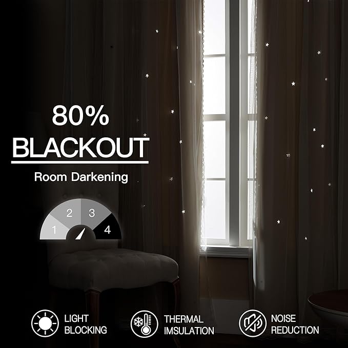 XiDi Biege Blackout Curtains 96 Inches Long for Bedroom Living Room 2 Panels Double Layer Curtains with Sheer Overlay Star Cut Out Wall Home Kid Girl Decor Thermal Grommet Window Drapes W34 X L96