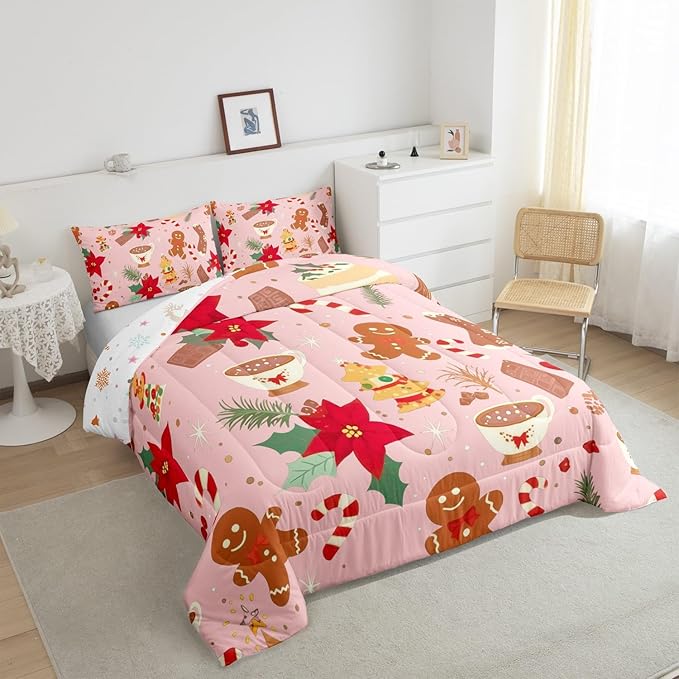Feelyou Cute Gingerbread Man Bedding Set for Kids Boys Girls Toddler Size Christmas Trees Comforter Set Ultra Soft Candy Comforter Dessert Duvet Quilt Bedroom Decor Christmas Decor Quilt