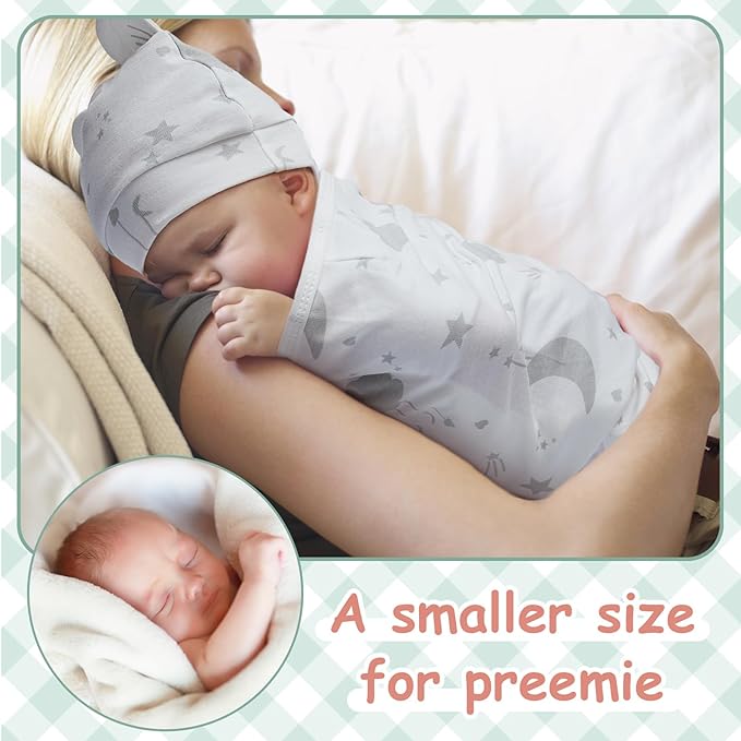 Ramede 6 Pack Preemie Swaddle Blanket with Hats Sleep Swaddle for Baby Boy Girl Preemie Newborn Sacks Soft Cotton Wearable(Star,Grey)