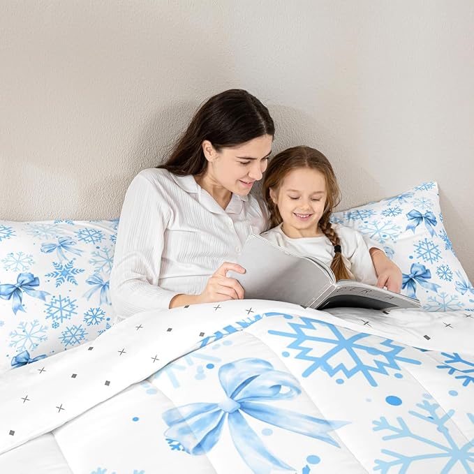 Manfei Lovely Bowknot Girls Bedding Set Twin Size,Dreamy Bowknot Dots Snowflake Comforter Set,Winter Merry Christmas Girly Quilt Comforter Teens,Blue White Room Decor All Season,1 Pillowcase