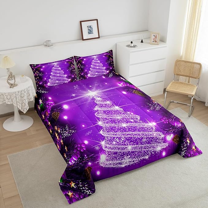 Feelyou Kids Merry Christmas Decorations Comforter Set, Kids Santa Tree Bedding Set Queen Size for Boys Girls Teens Xmas Christmas Bell Decor Comforter Glitter Purple Quilt Set