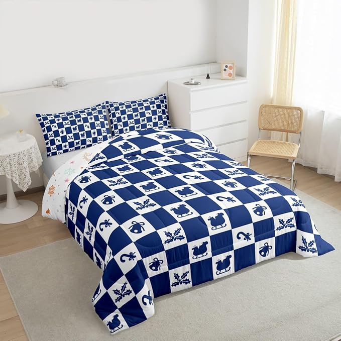 Feelyou Christmas Comforter Set All Season Checkered Pattern Bedding Set with 1 Pillow Cases Holiday Theme Kids Toddler Bedclothes Xmas Decor Room Decor Blue Duvet Quilt Breathable Soft Lightweight